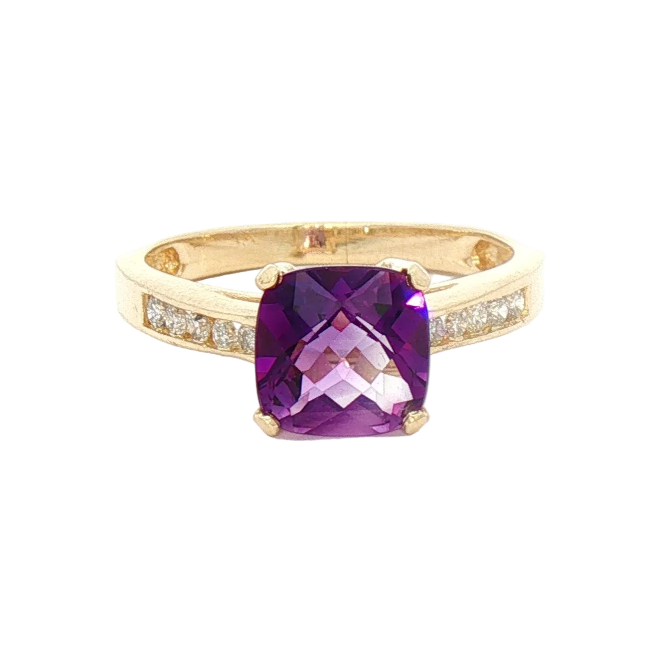 A yellow gold ring featuring a cushion-cut purple amethyst center stone and a channel-set row of small clear diamonds along the band.