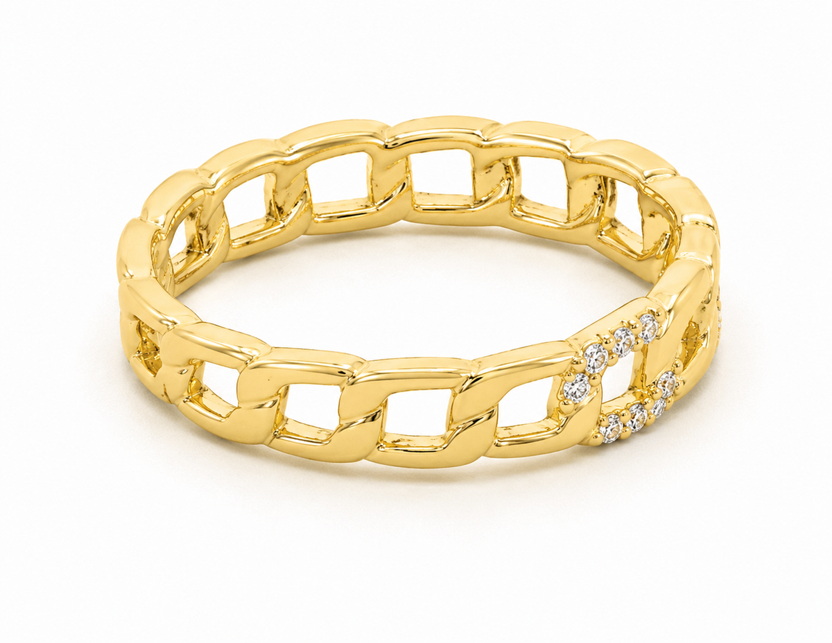 Roman & Jules 14K Yellow Gold Chain Link Ring with clear diamonds, shown on a white background.
