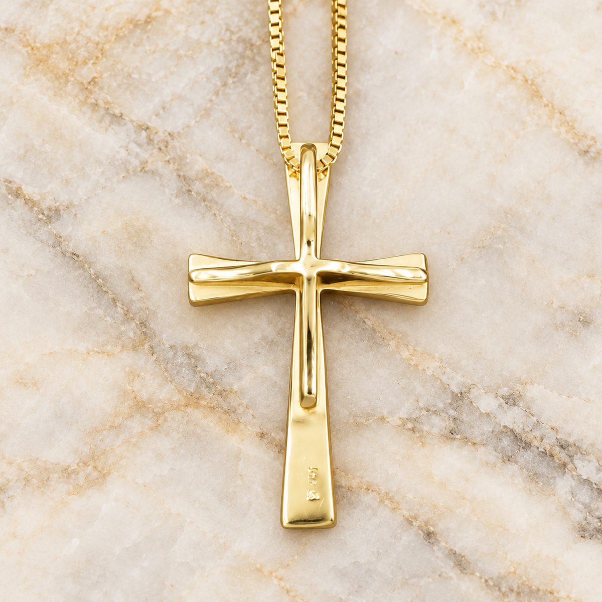 An Estate 14k Yellow Gold Religious Cross Box Chain Necklace featuring a 14K yellow gold cross pendant on a matching chain.