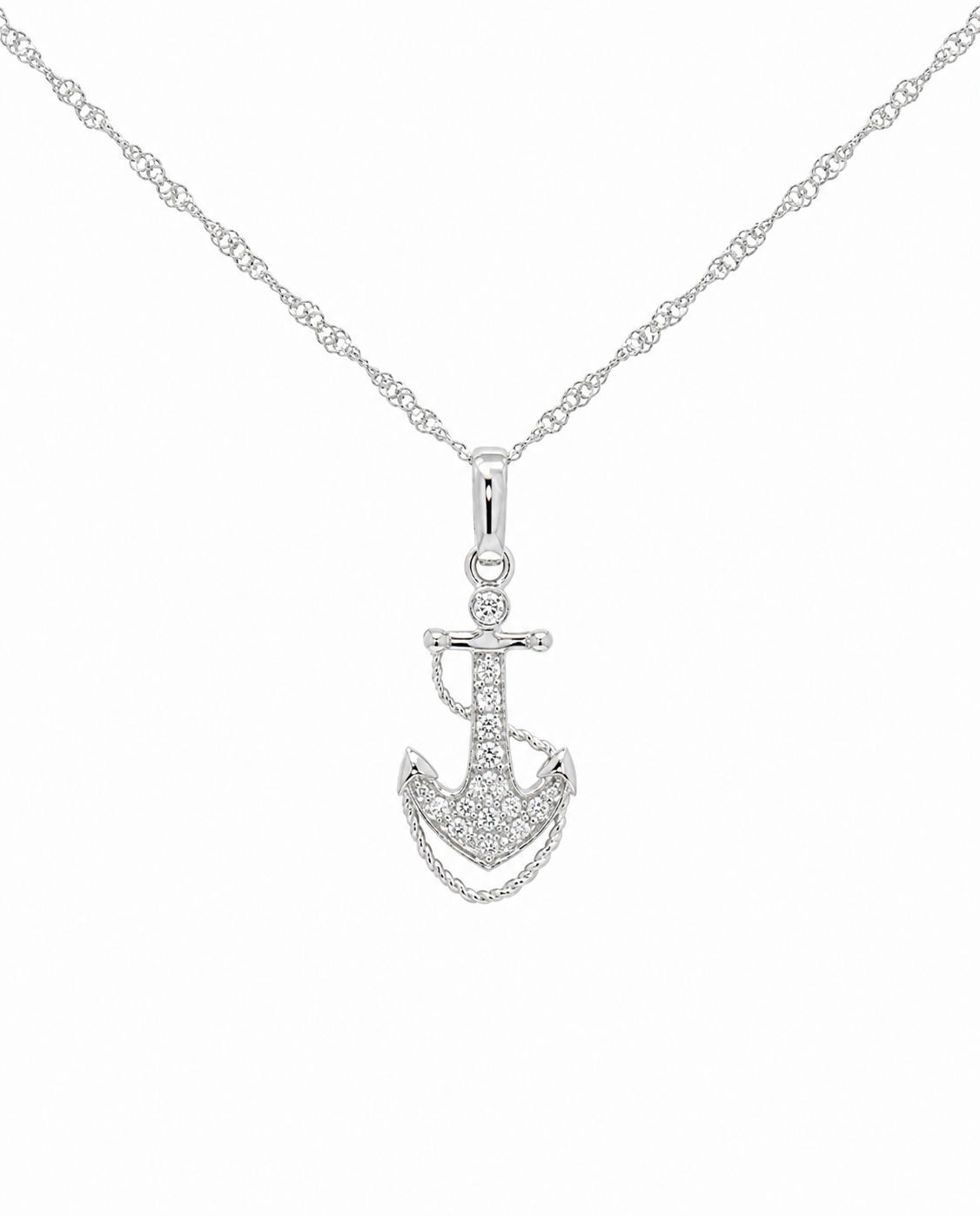 A white gold anchor pendant necklace paved with small clear stones, hanging from a delicate chain against a plain white background.