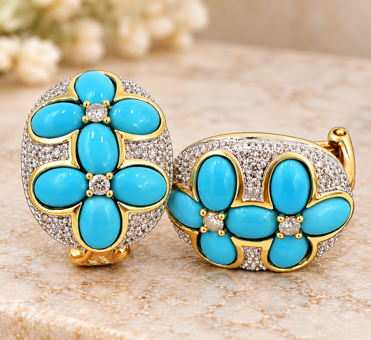 Kent Island Jewelry 14k Yellow & White Gold Levian Diamond & Turquoise oval earrings with flower designs and omega backs.