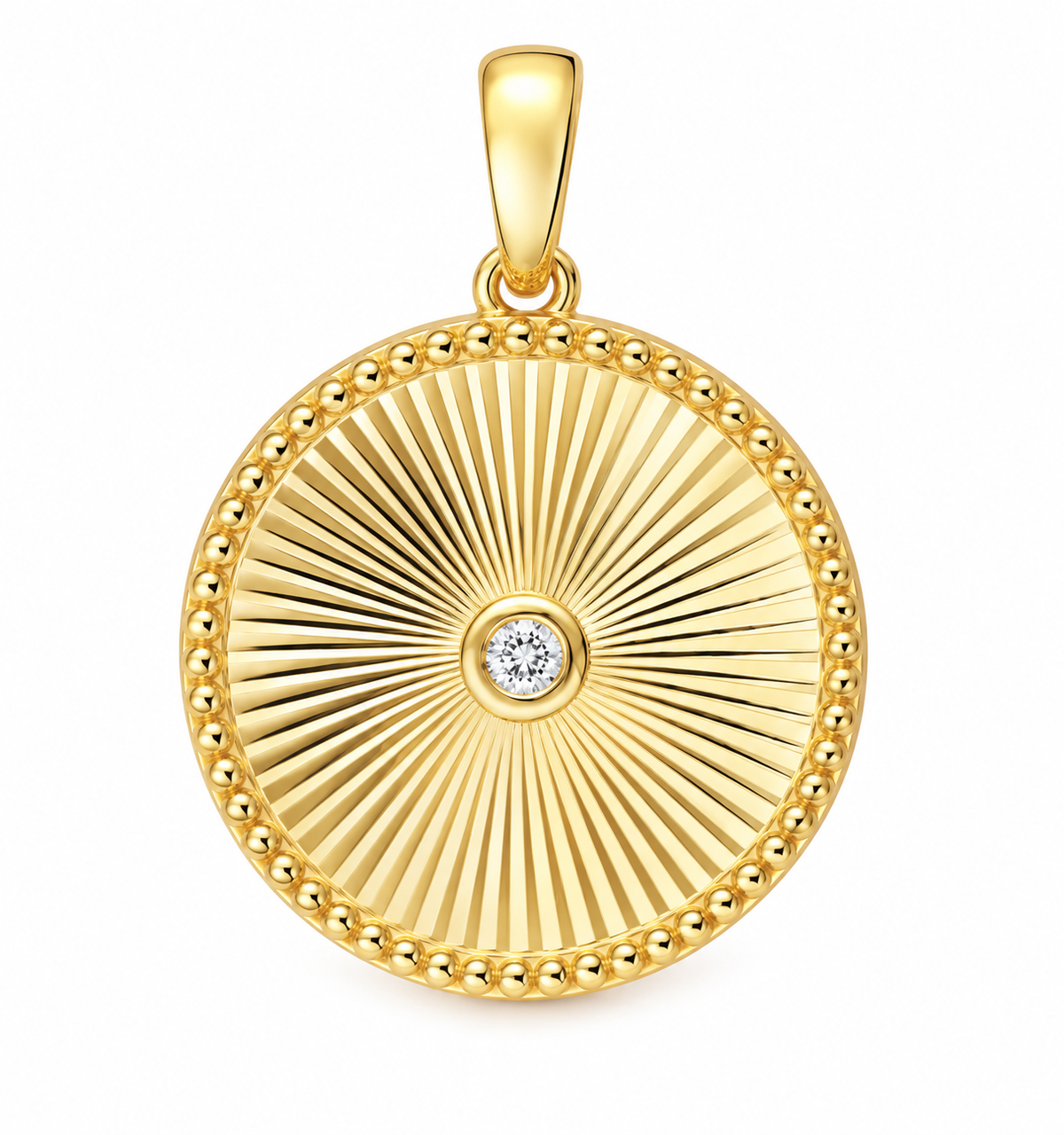 Midas 14K Yellow Gold Diamond Round Radiant Pendant features a beaded edge and timeless sunburst design.