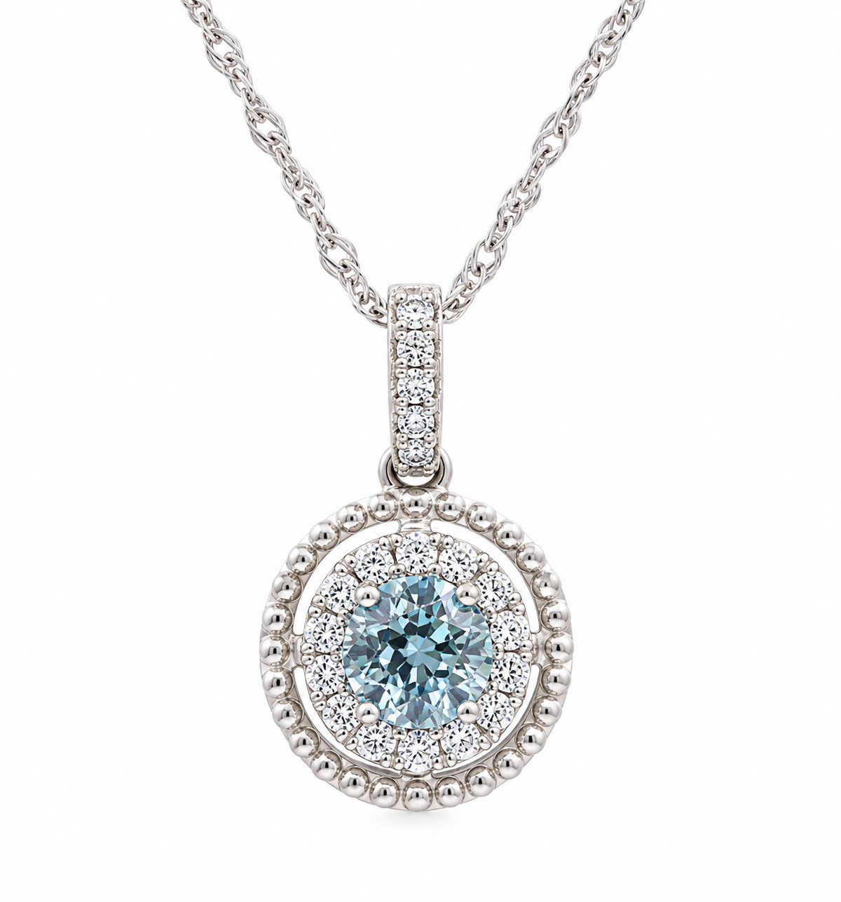 Kent Island Jewelry 14K white gold necklace with round aquamarine & diamond halo, fine bead details.