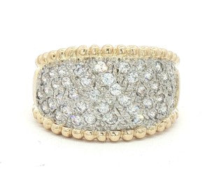 Kent Island Jewelry's 14K yellow gold band features cubic zirconia pavé and a beaded edge, shown from the front.