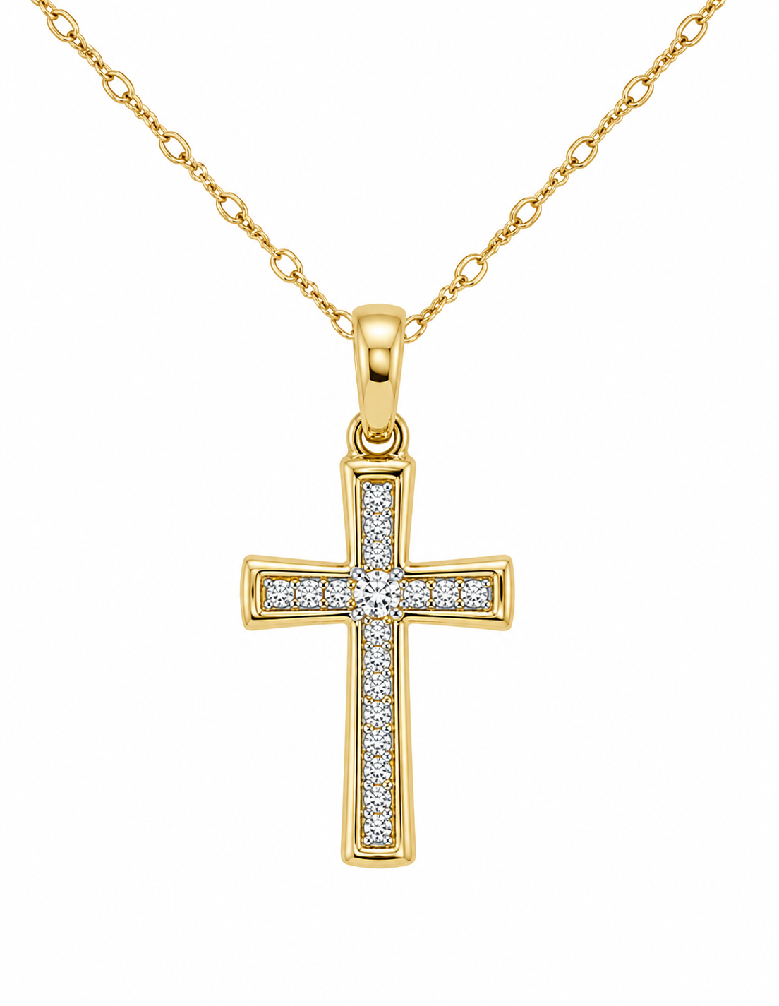 A gold cross pendant necklace with pavé-set clear stones on the arms, suspended from a gold chain against a plain white background.