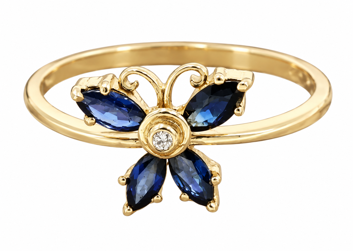 Kent Island Jewelry Estate 14k YG butterfly ring with blue spinel wings & .01tcw diamond center.