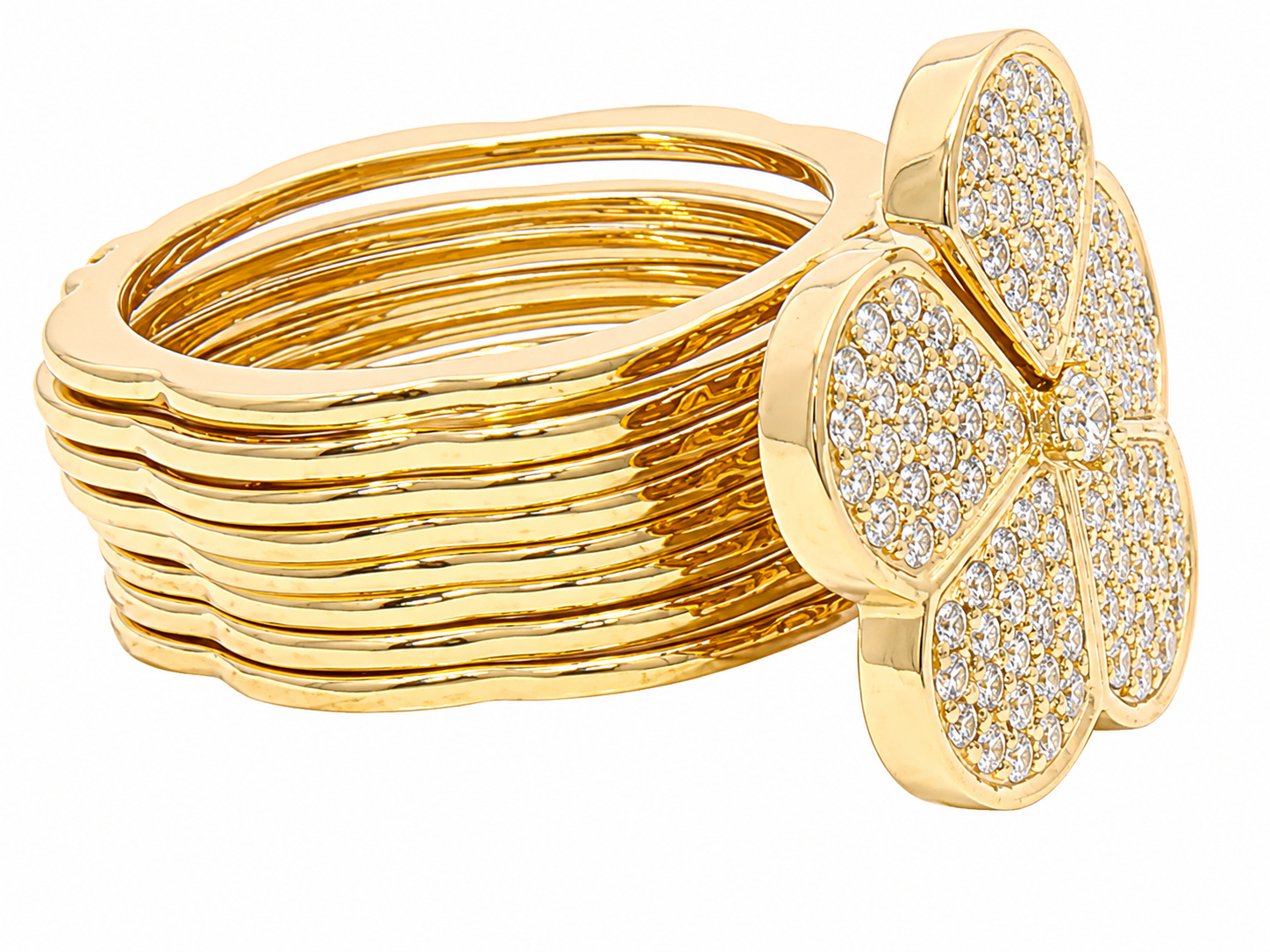 Afarin 18K Yellow Gold Flower Diamond Ring with sparkling clear stones, perfect for an elegant stacked look.