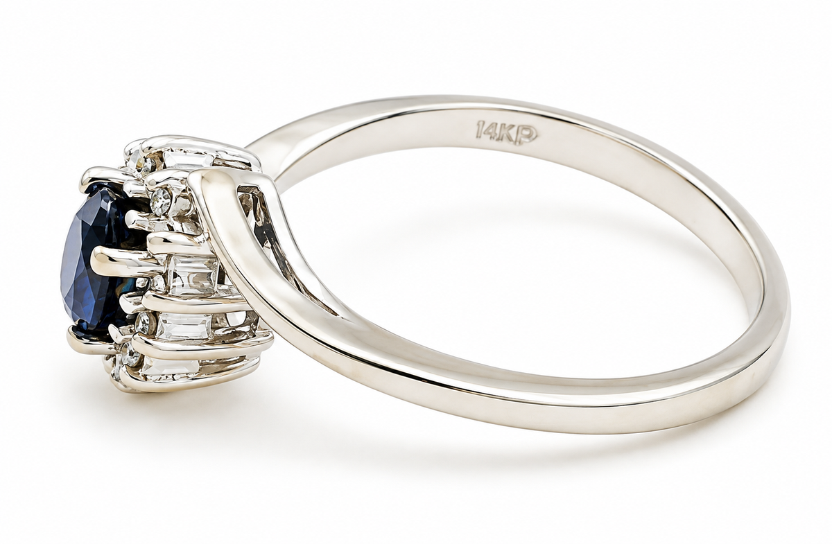 Kent Island Jewelry Estate 14k White Gold Diamond & Sapphire Gemstone Ring with a central sapphire and diamond accents.