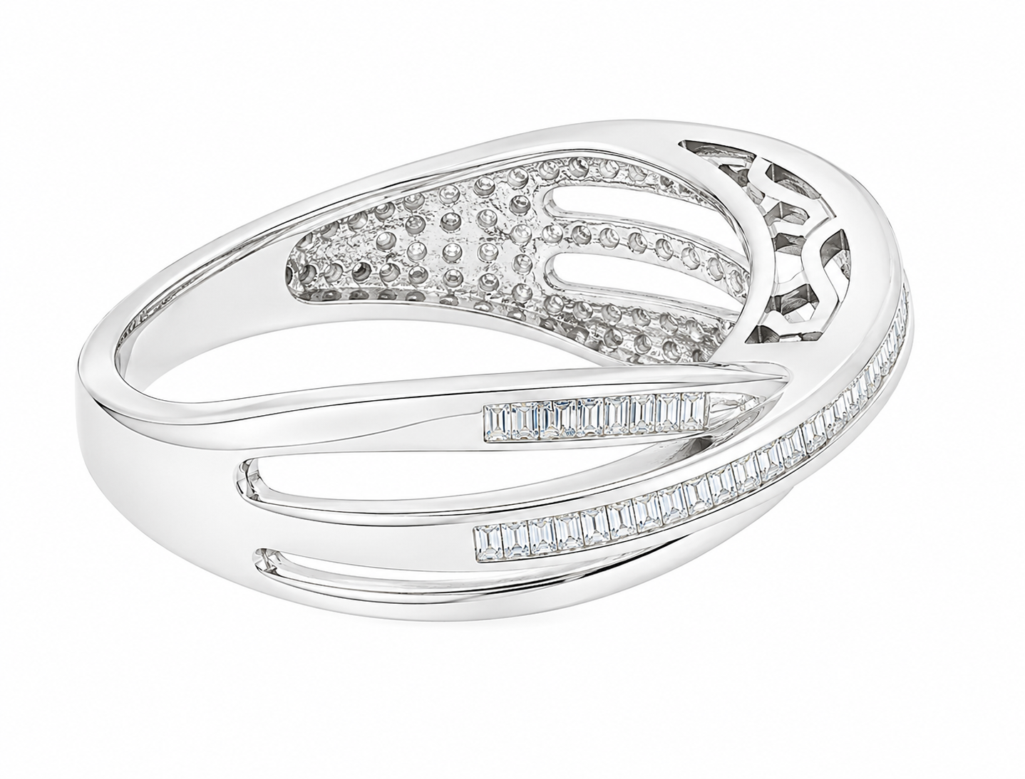 GBC, Inc. 10K white gold crossover ring with geometric cutouts and modern rows of baguette-cut diamonds.