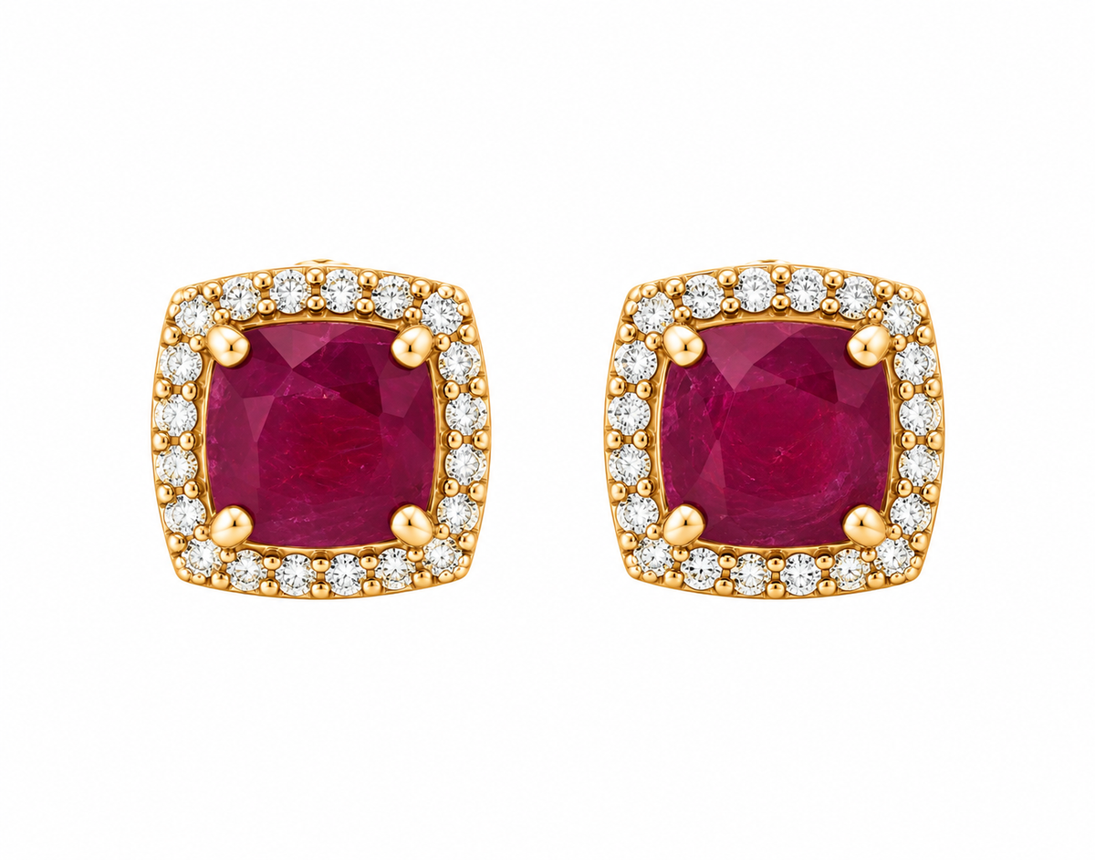 Kent Island Jewelry Estate 10K Gold Halo Studs with cushion-cut rubies & diamond borders, shown on white.