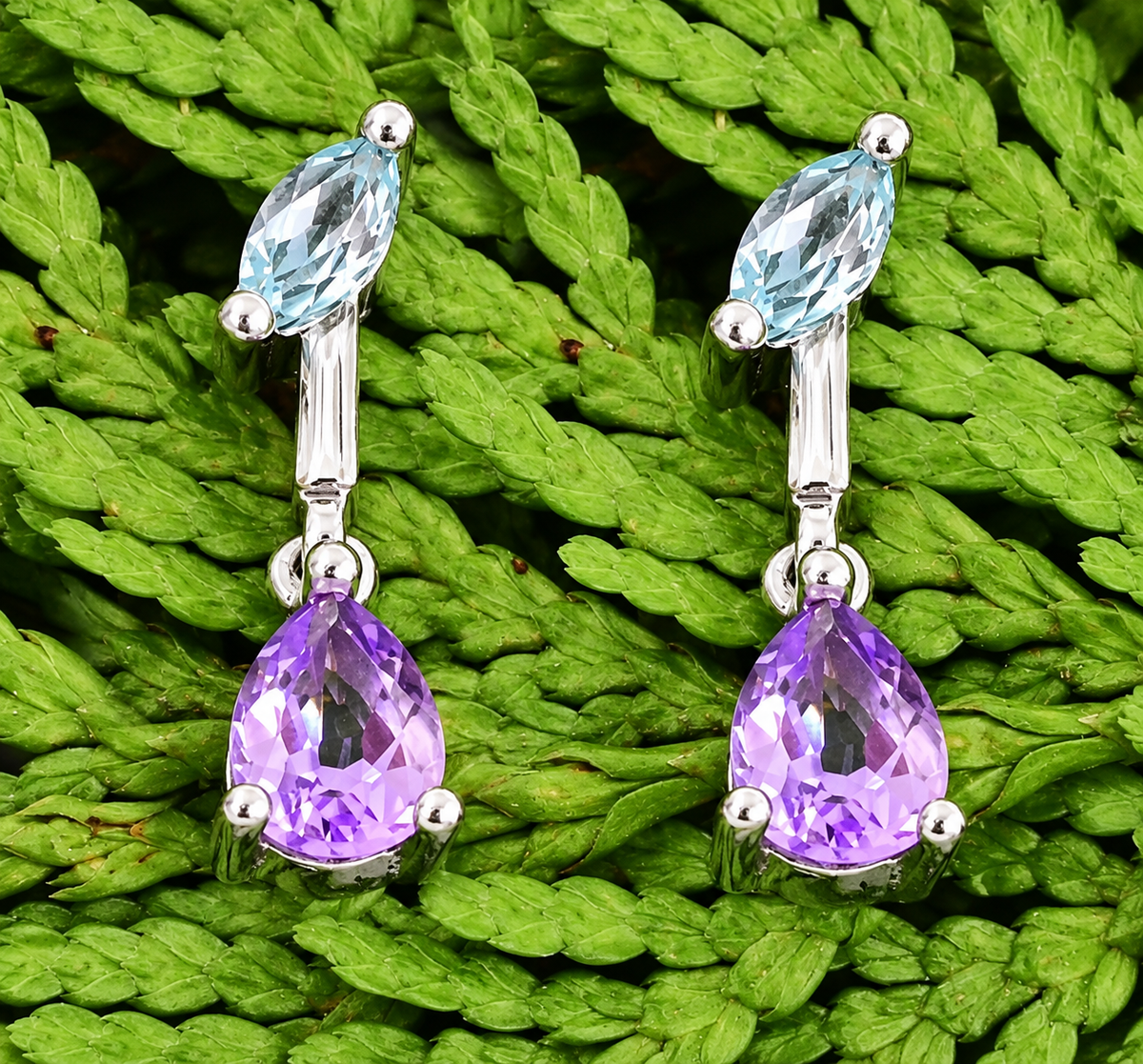 Estate 18k White Gold Designer Feraud Topaz & Amethyst drop earrings with a marquise light blue and pear purple stone.