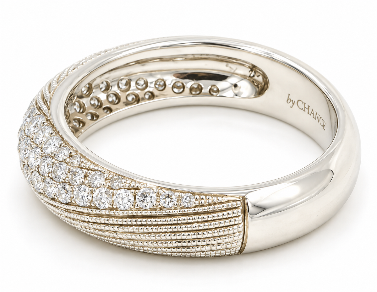 Estate 14k White Gold Designer byChance Diamond Twist Band with a pavé section, textured beaded detail, and inscription.