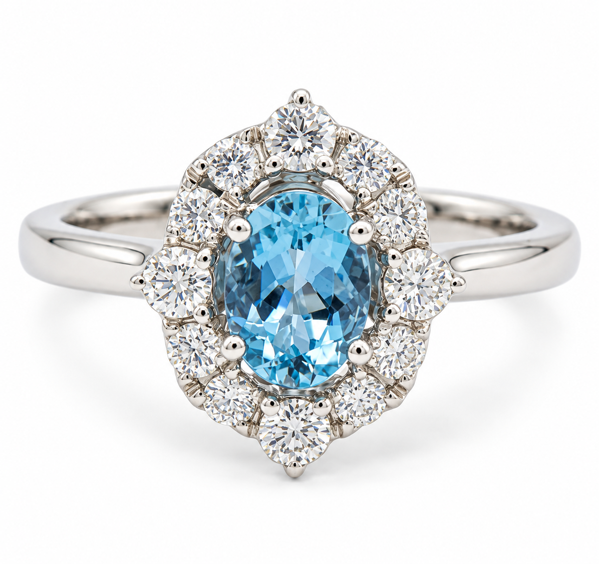Kent Island Jewelry’s 18K White Gold Aquamarine & Diamond Halo Ring—an elegant March birthstone statement piece.