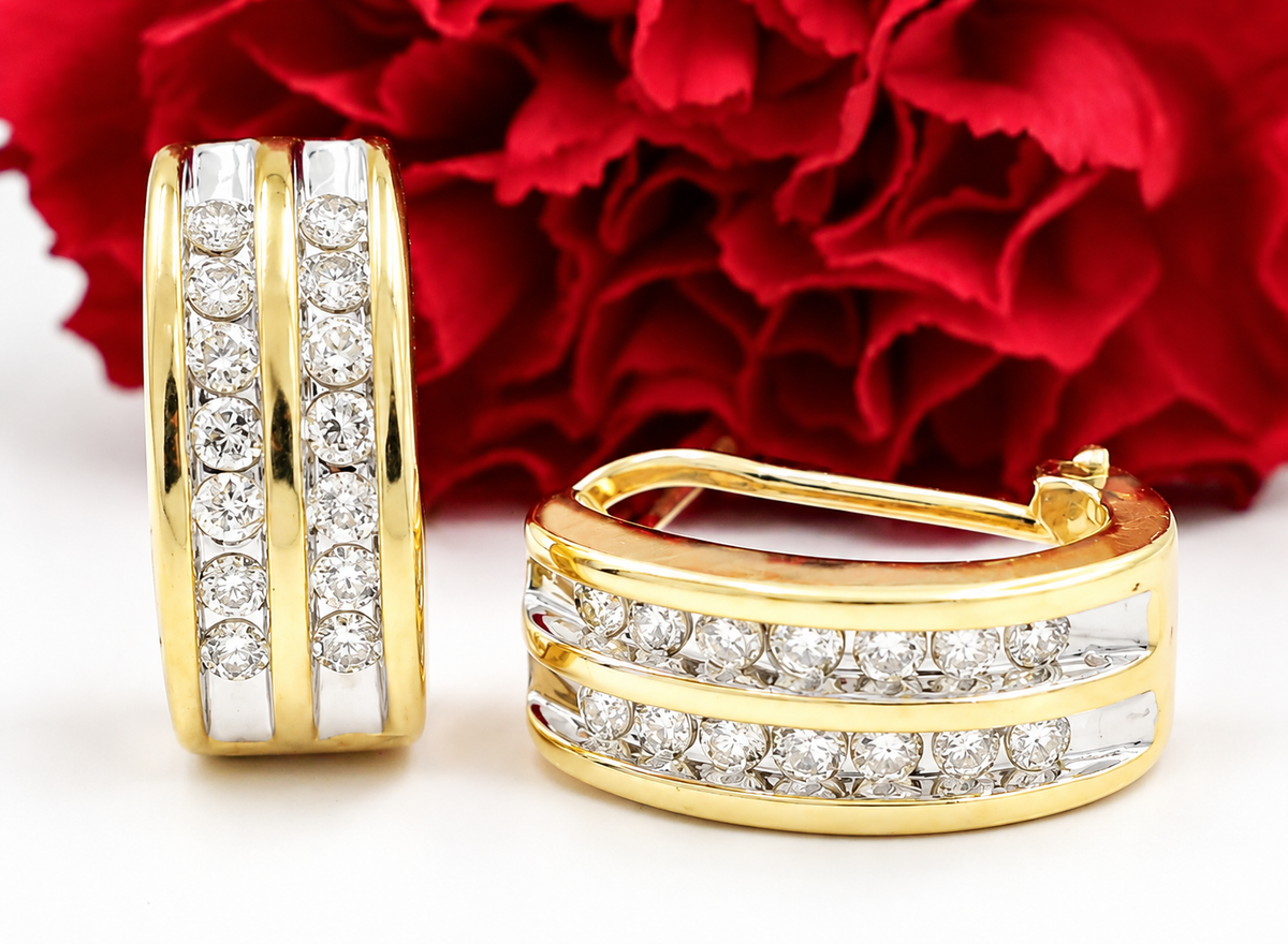 Estate 14k Yellow & White Gold Diamond Omega Back hoop earrings inlaid with rows of round diamonds.