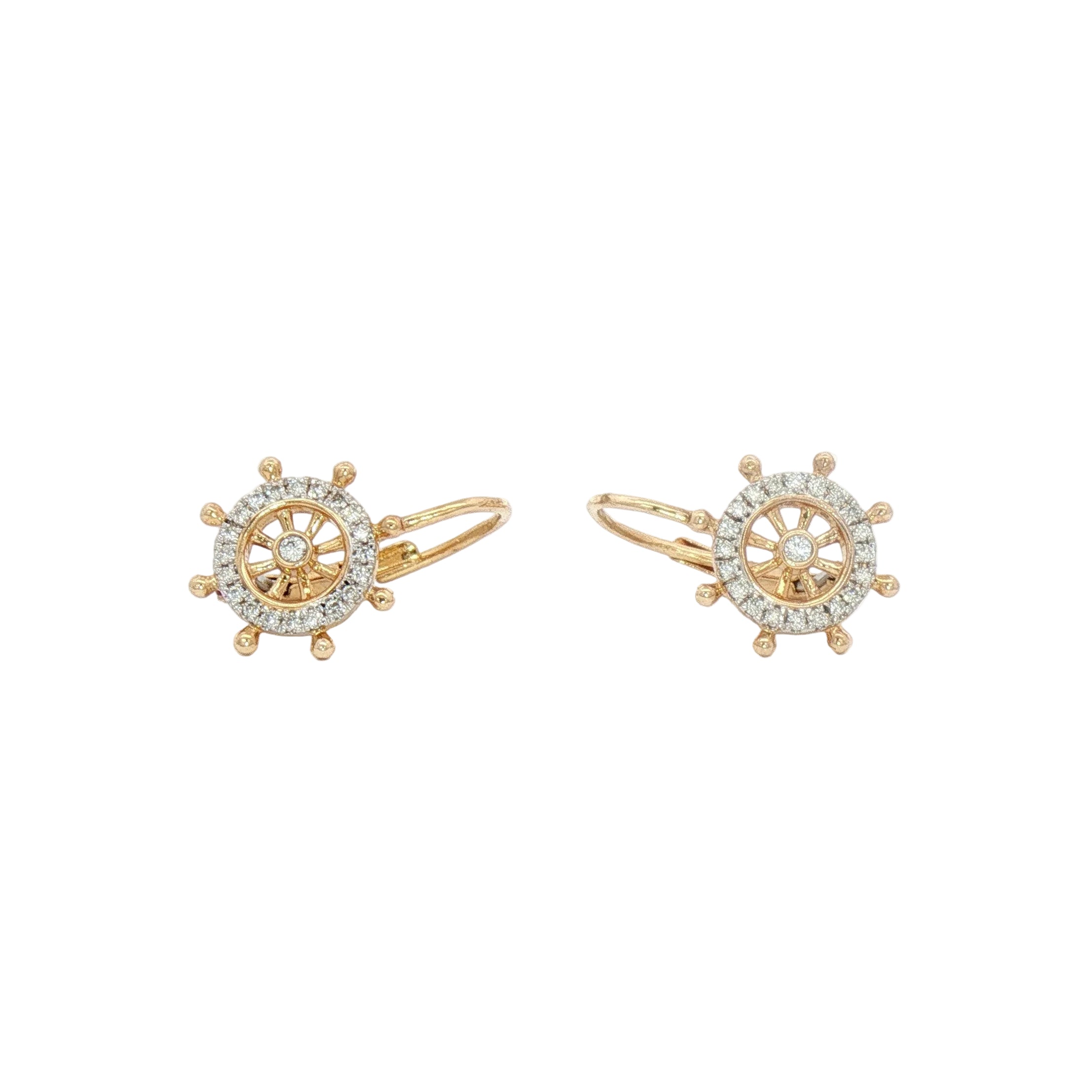 A pair of gold nautical ship's wheel earrings with clear pavé-set stones, shown on a plain white background.
