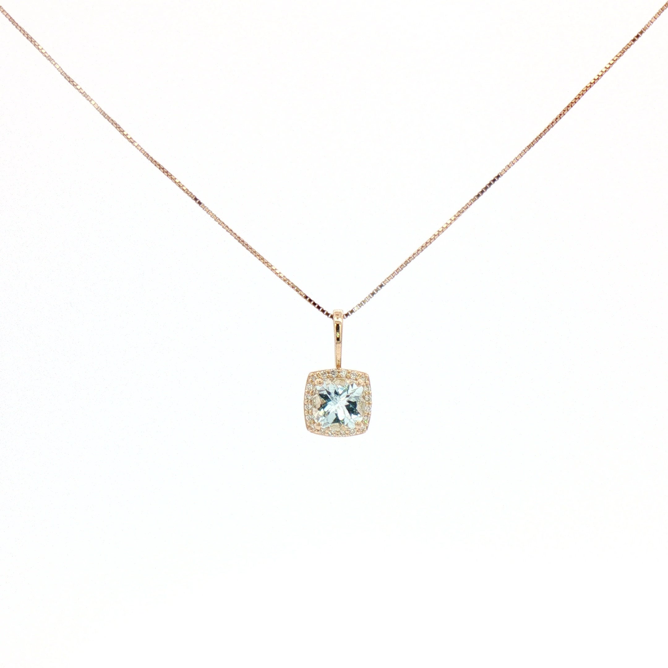 Kent Island Jewelry Estate 10K YG Aquamarine and Diamond Halo Necklace featuring a square blue stone.
