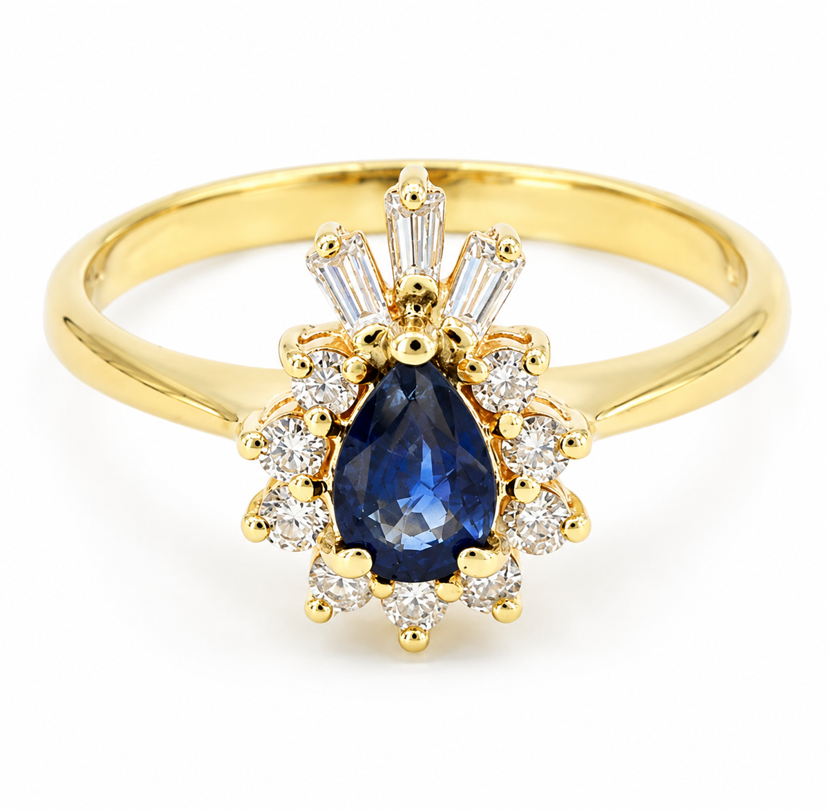 Estate 14k Yellow Gold Diamond & Sapphire Gemstone Ring with a pear sapphire, round diamonds, and baguette accents.