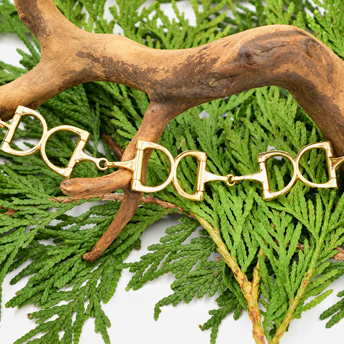 Kent Island Jewelry Estate 14k Yellow Gold Horse Bit Equestrian Chain Link Bracelet on a tree branch with foliage.