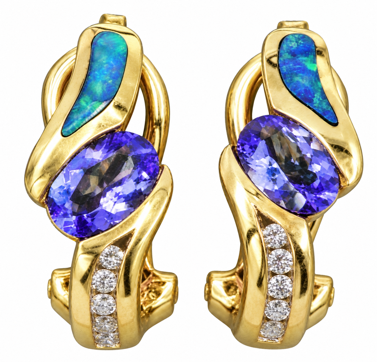 Estate 14k Yellow Gold B&M Diamond & Fire Opal Purple Gemstone Omega Back earrings with oval gems and a diamond row.