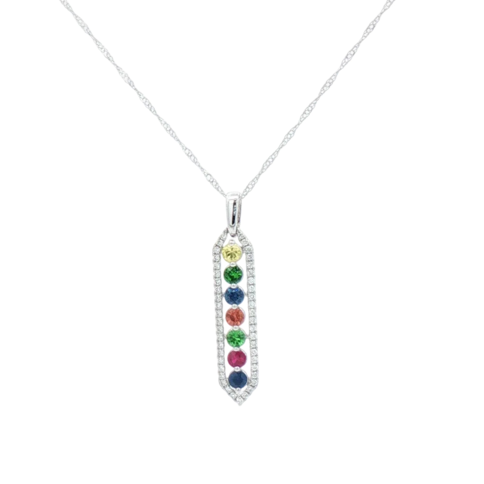 White gold multi-color gemstone necklace.