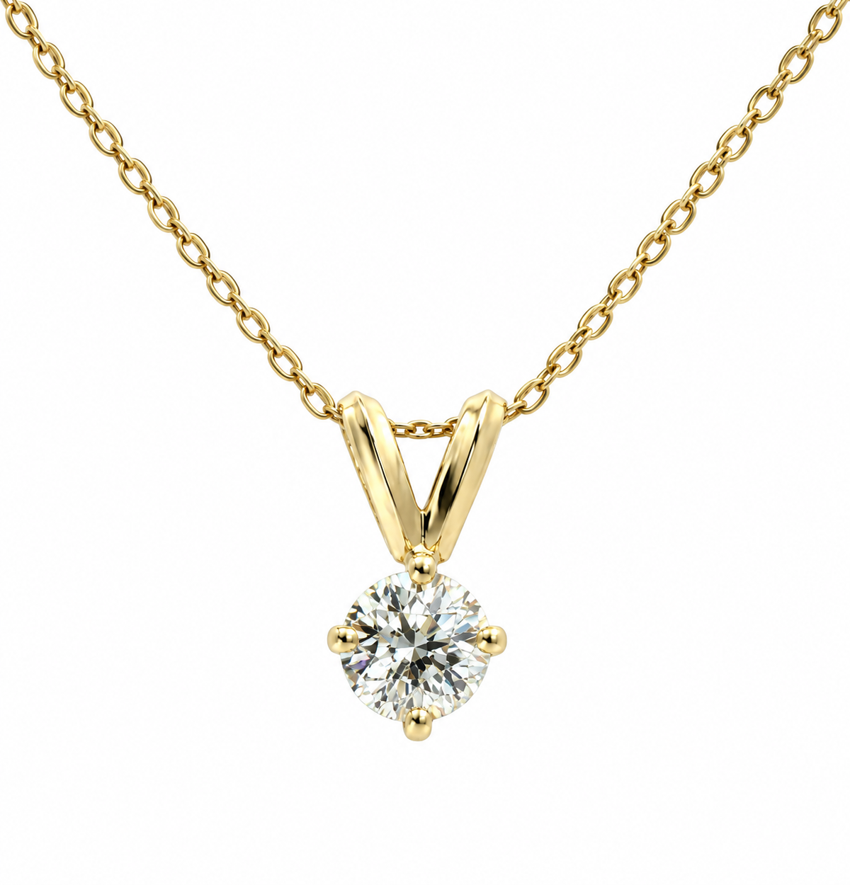 Kent Island Jewelry Estate 14K YG Diamond (.33ct) Necklace, round solitaire pendant, plain white background.