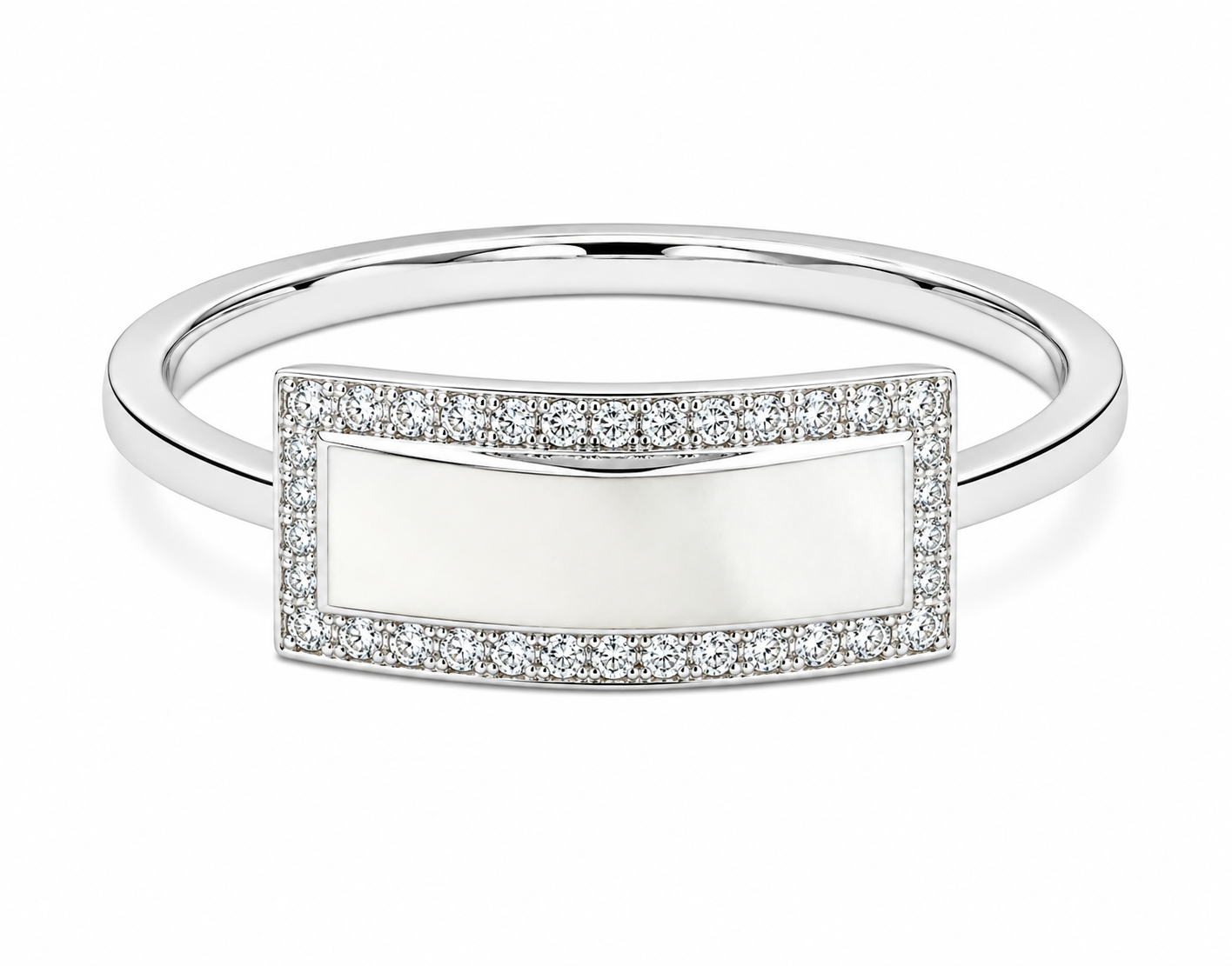 GBC, Inc. 14K White Gold Diamond Geometric Ring with a rectangular mother-of-pearl inlay and sparkling diamonds.