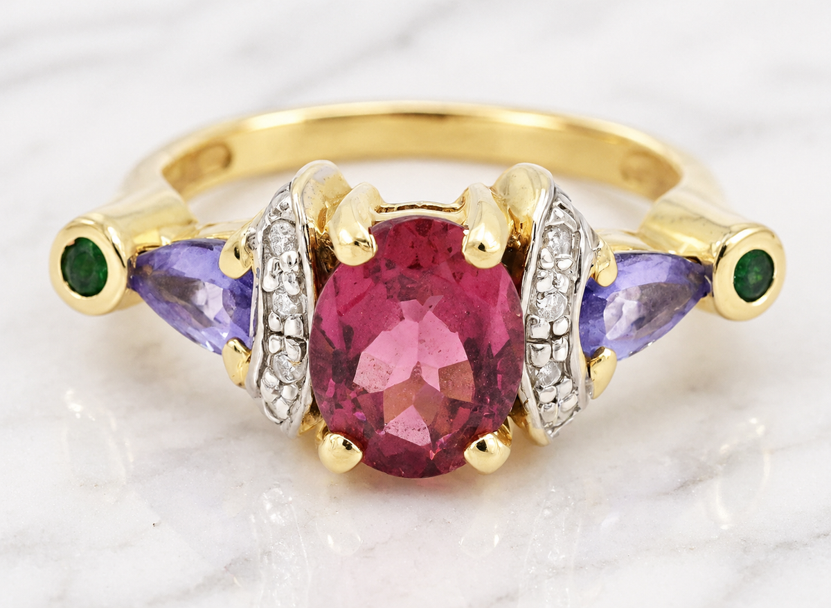 Kent Island Jewelry Estate 14k Yellow Gold Pink Tourmaline Diamond Emerald ring with oval, teardrop, and round stones.