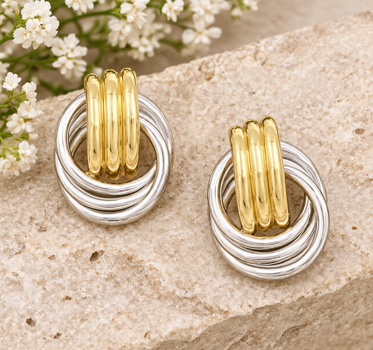 Kent Island Jewelry 14k Yellow & White Gold Retro Double Knot Intertwined earrings with intertwined rings on stone.