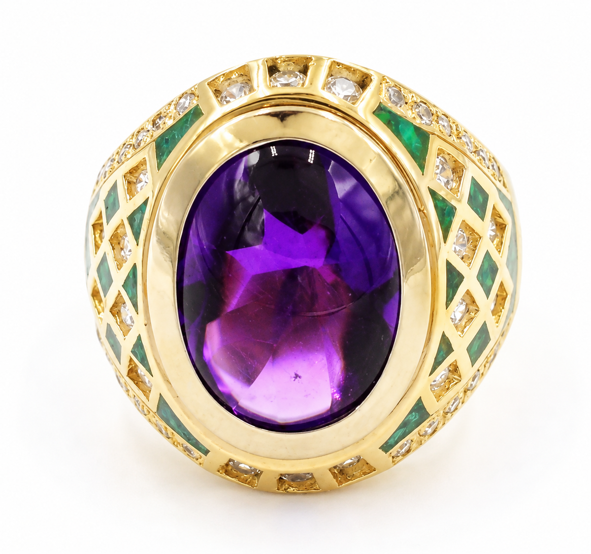 Estate 14k Yellow Gold Amethyst CZ & Fire Opal Gemstone Statement Ring with an oval amethyst, green stones, and gold lattice.