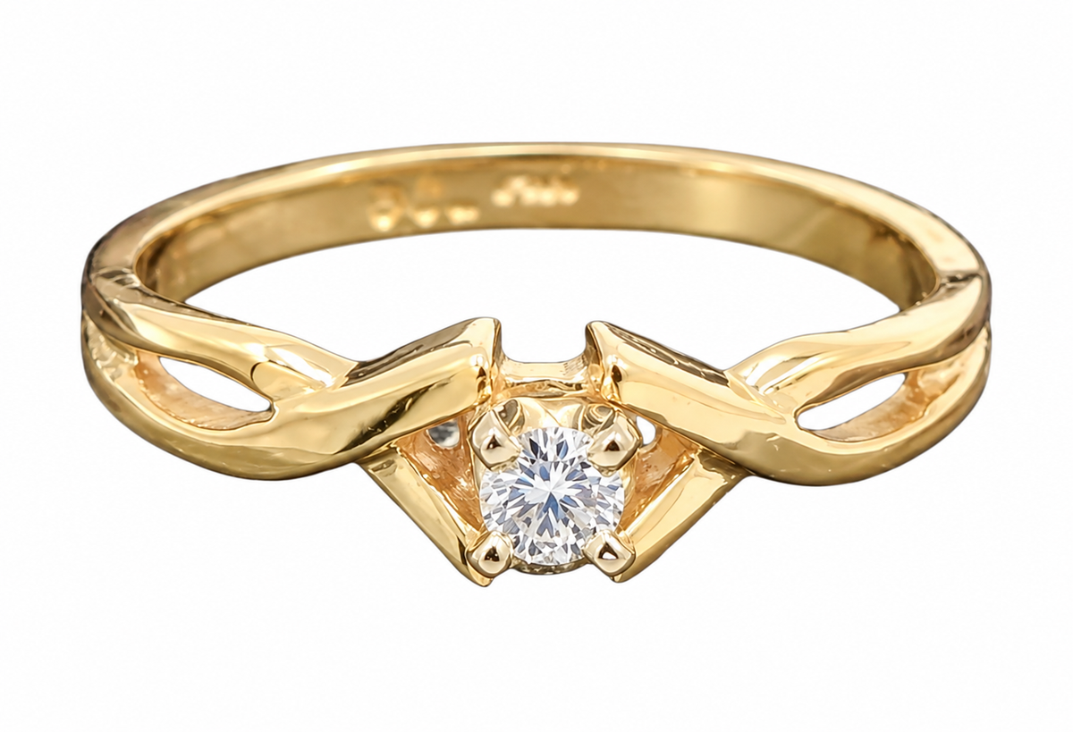 Estate 14k YG openwork solitaire ring by Kent Island Jewelry, set with a .01ct diamond on an intricate band.