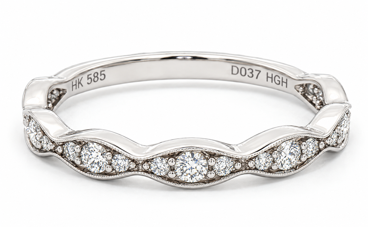 Kent Island Jewelry 14K white gold 0.37 CTW diamond wave band; stackable ring with HK 585, D037 HGH inside.