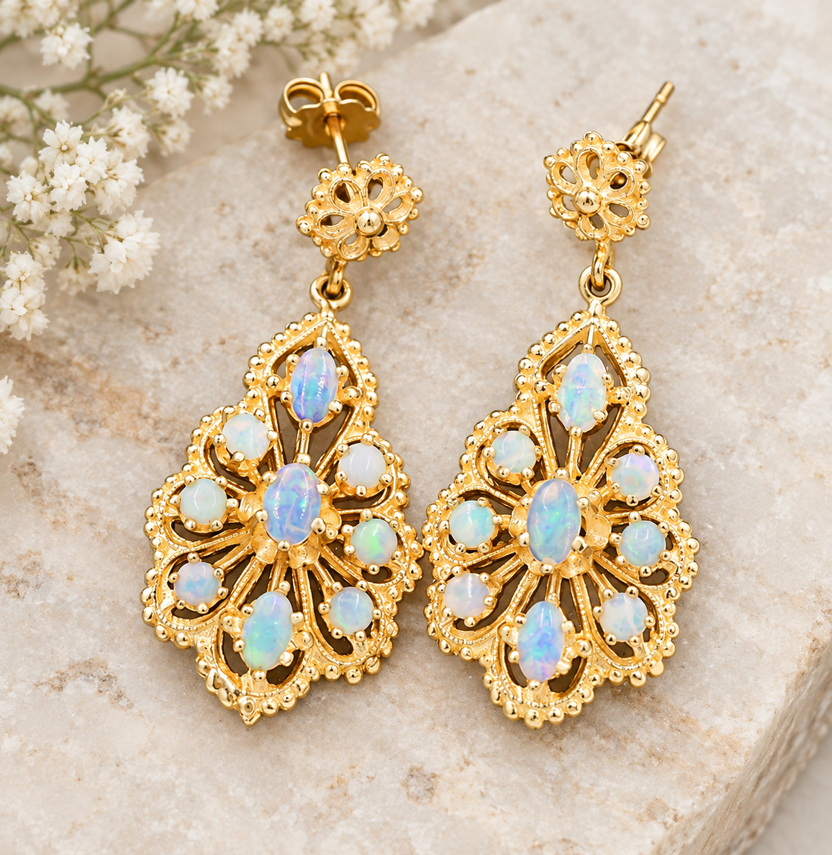 Estate 14k Yellow Gold Fire Opal Gemstone Open Work Dangle Earrings featuring vintage-style oval fire opals.