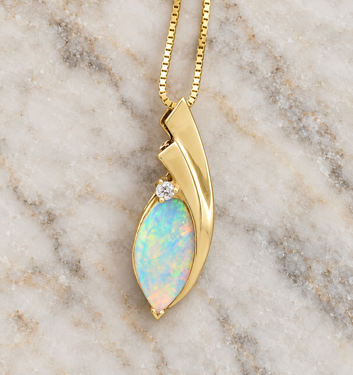 Kent Island Jewelry Estate 14k Yellow Gold Diamond Fire Opal Gemstone Box Chain Link Necklace with a marquise-cut opal.
