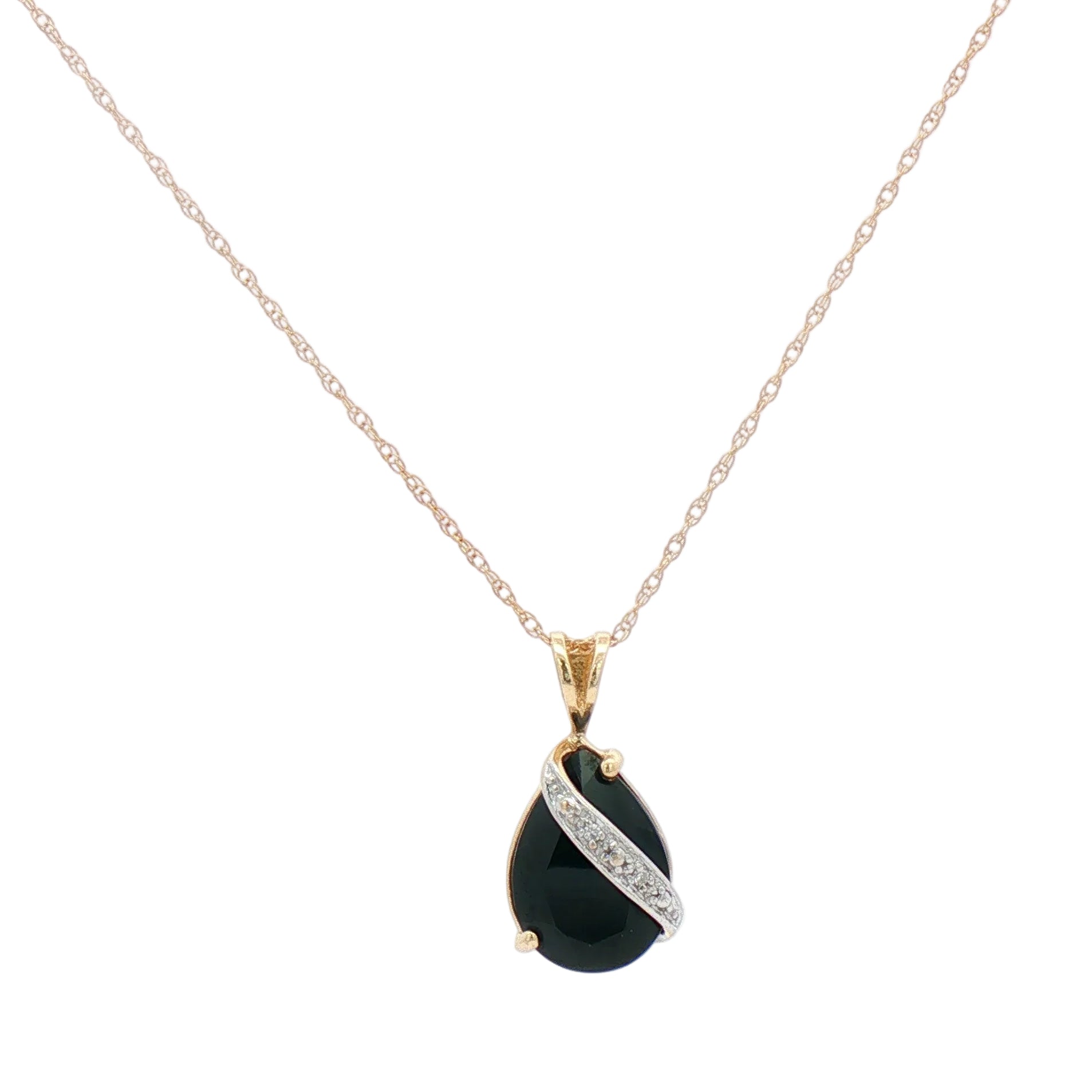 14K two-tone black onyx and diamond necklace.