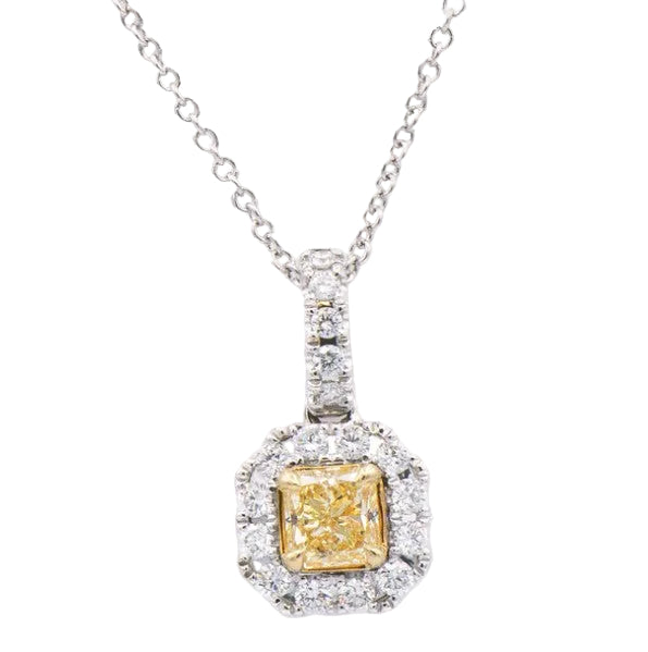 Kent Island Jewelry 18k Yellow & White Diamond Halo Necklace with yellow pendant and clear stones around a square gem.