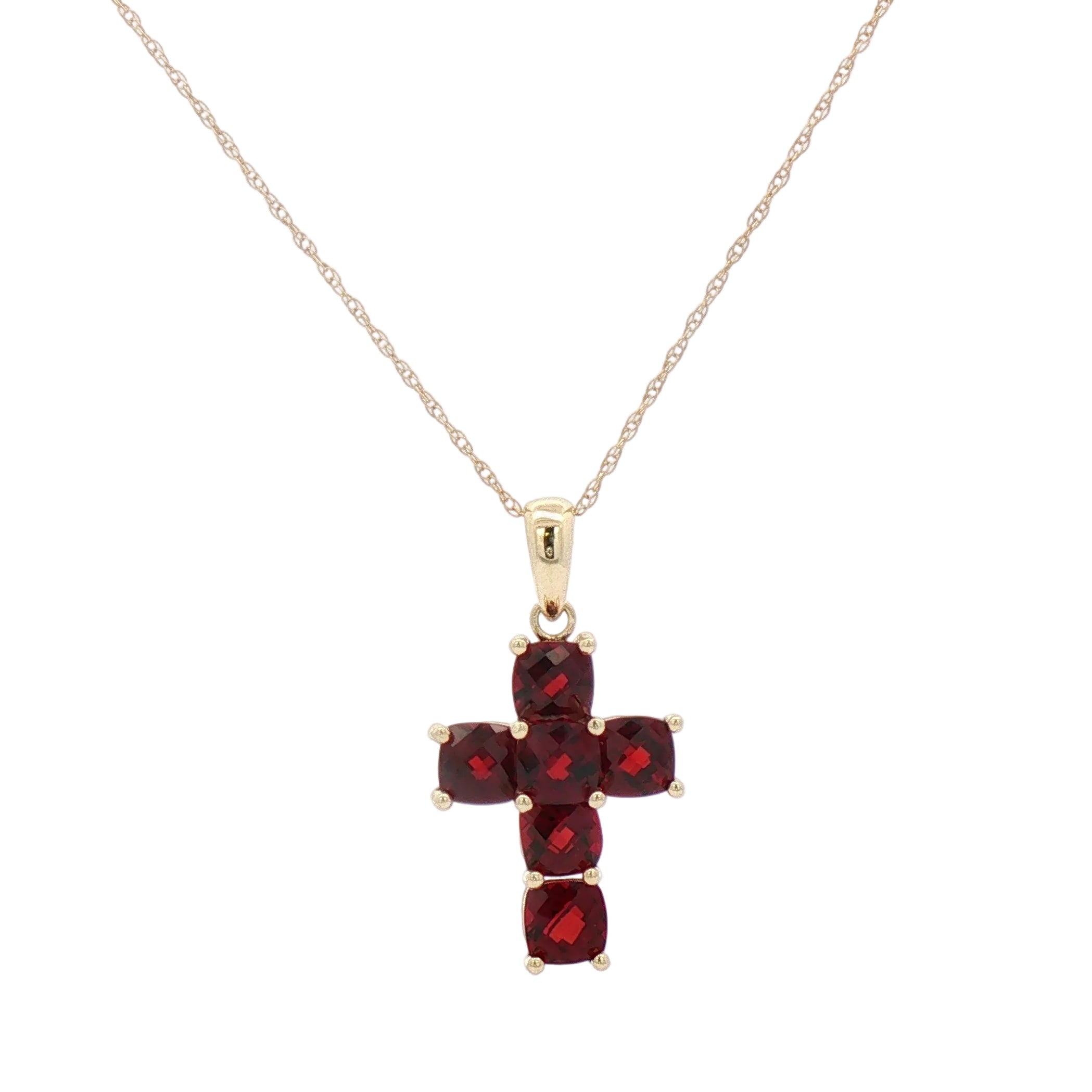 Kent Island Jewelry Estate 14K YG Garnet Cross Pendant with five vibrant red stones in a gold chain necklace.