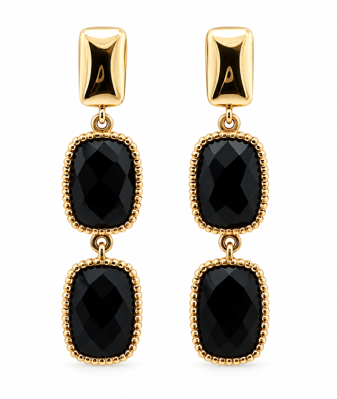 Kent Island Jewelry Estate 14K yellow gold drop earrings feature onyx stones and beaded bezels.
