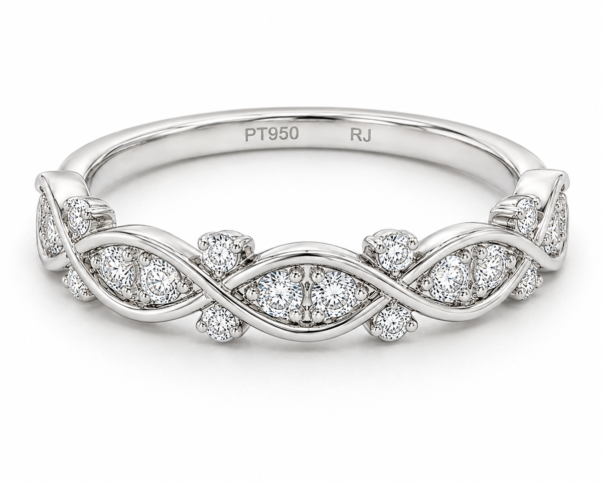 GBC Inc Platinum Diam Ring with infinity marquise design, round diamonds, and PT950 RJ engraved inside the band.