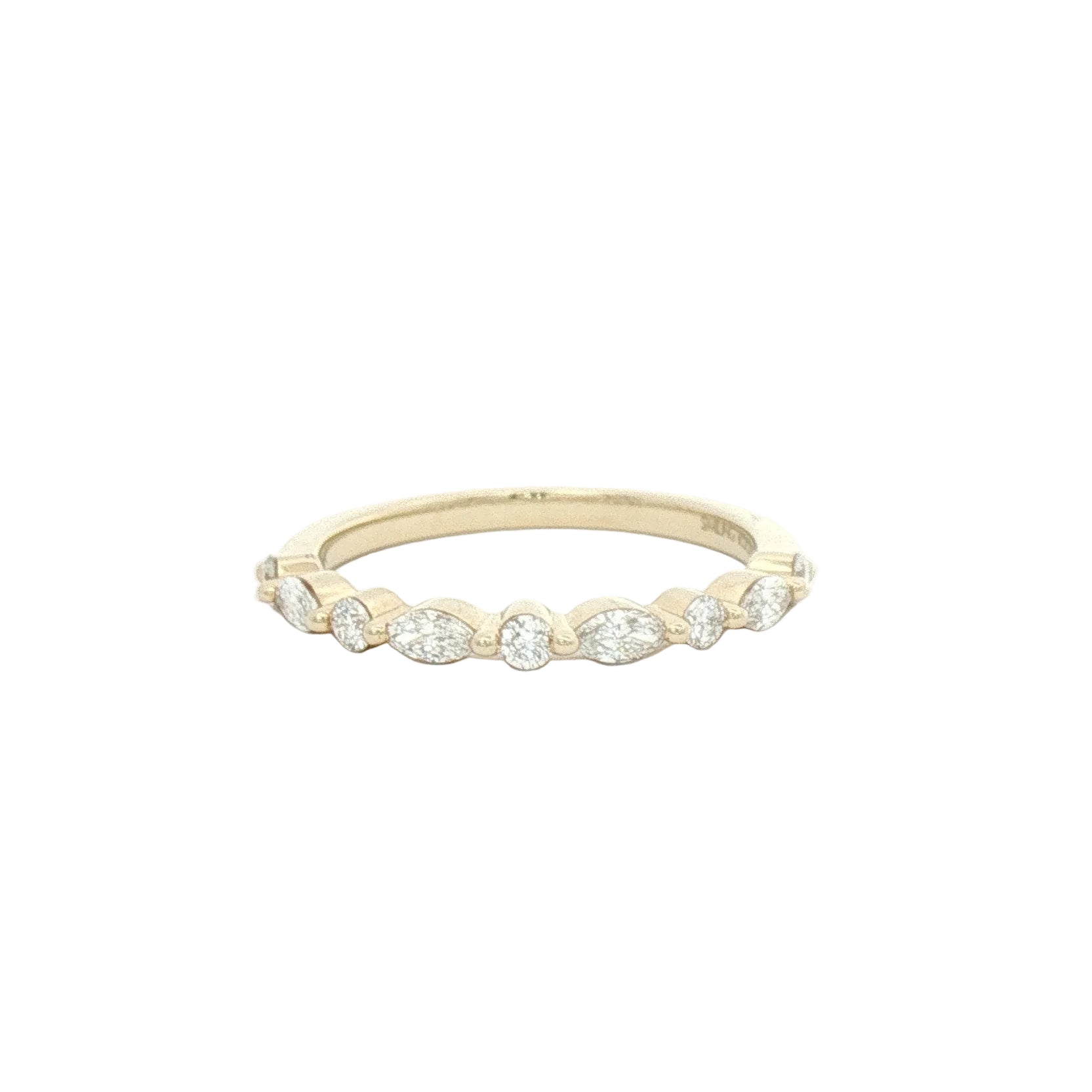 A yellow gold diamond band ring featuring a row of marquise and round-cut lab-grown diamonds set in a continuous row.