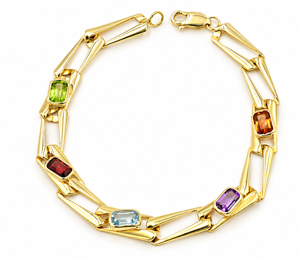 Kent Island Jewelry Estate 14k Yellow Gold Peridot Garnet Amethyst Citrine & Spinel chain link bracelet with five gems.