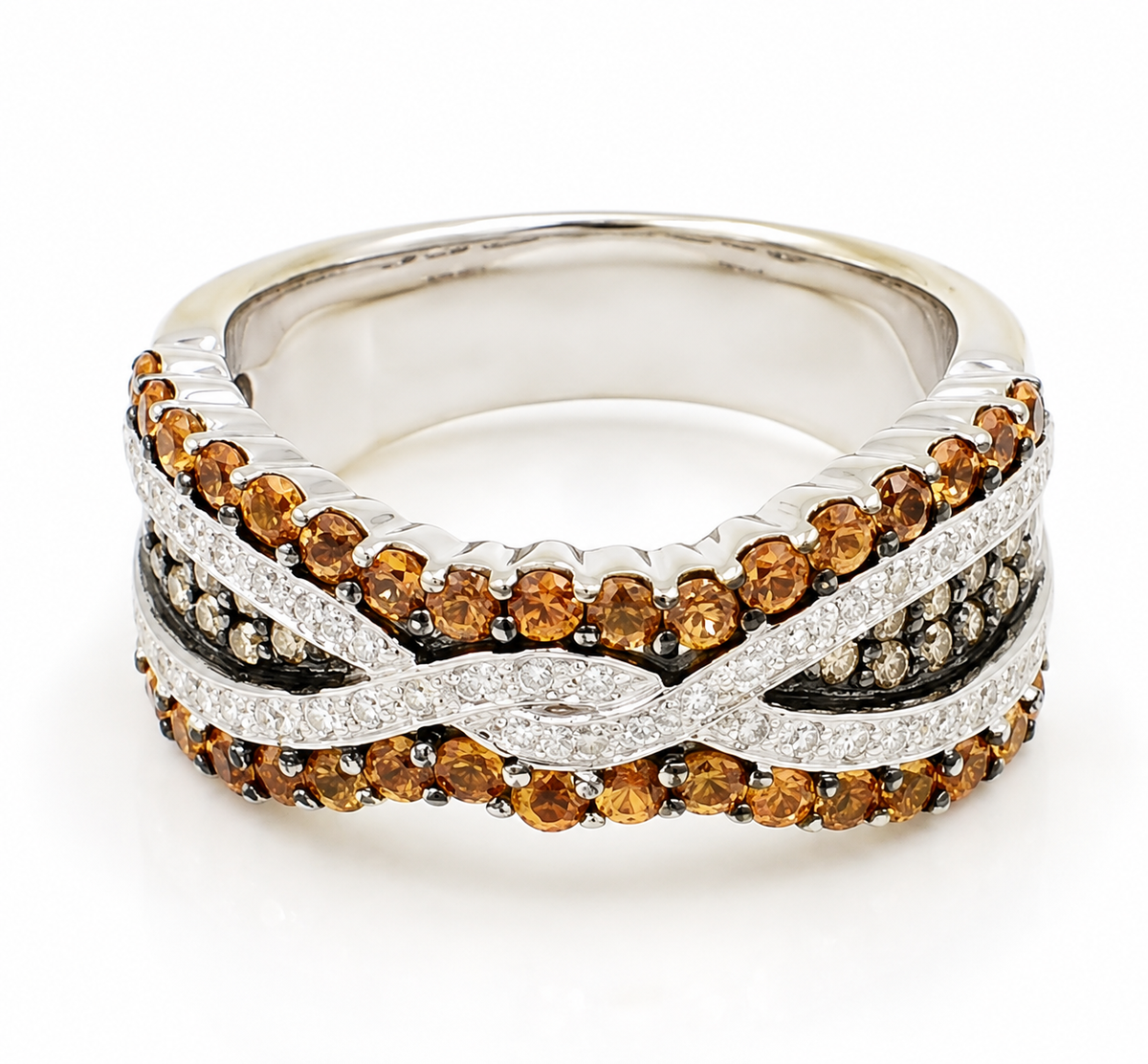 Estate 14k White Gold White & Chocolate Diamond & Citrine Intertwined Ring with intertwined bands and orange gemstones.