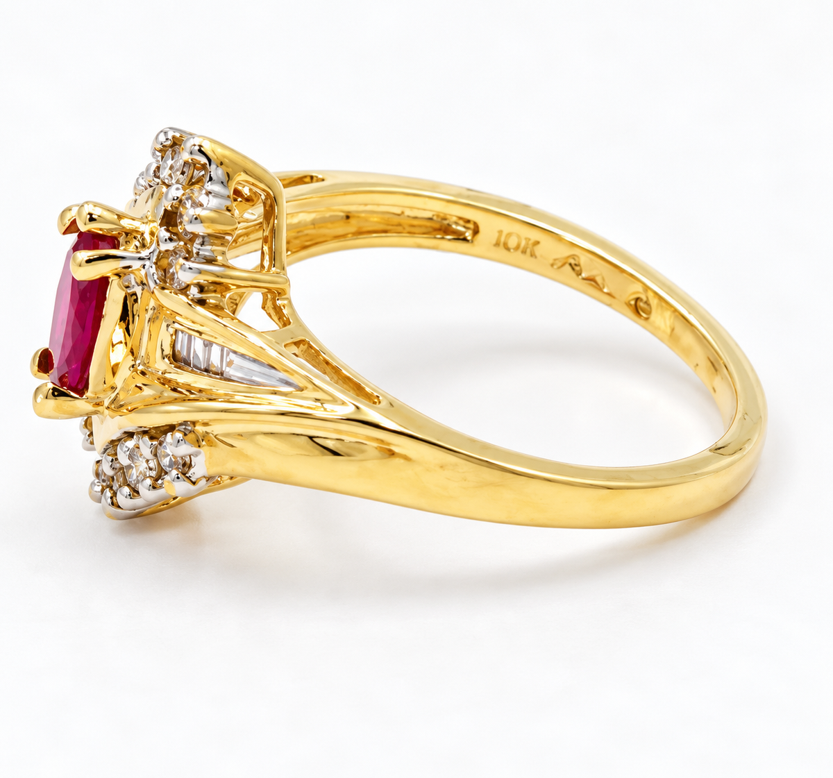 Estate 10k Yellow Gold Diamond & Ruby Gemstone Ring with a rectangular stone, diamond accents, and an inner band hallmark.