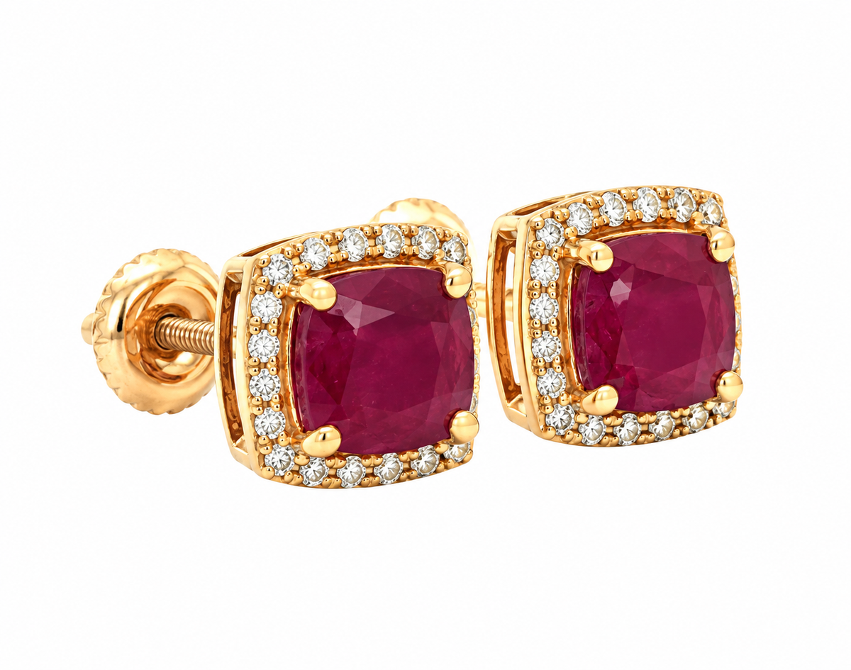 Estate 10K Yellow Gold Cushion-Cut Ruby Halo Stud Earrings by Kent Island Jewelry, screw-back, on white background.