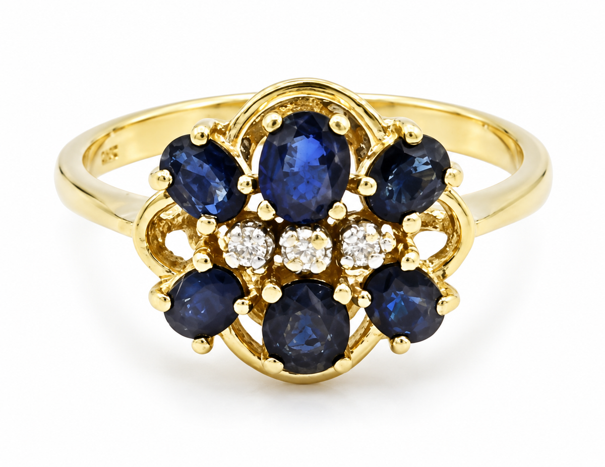 Kent Island Jewelry Estate 14k Yellow Gold Diamond & Sapphire Gemstone Ring with six oval sapphires and three diamonds.