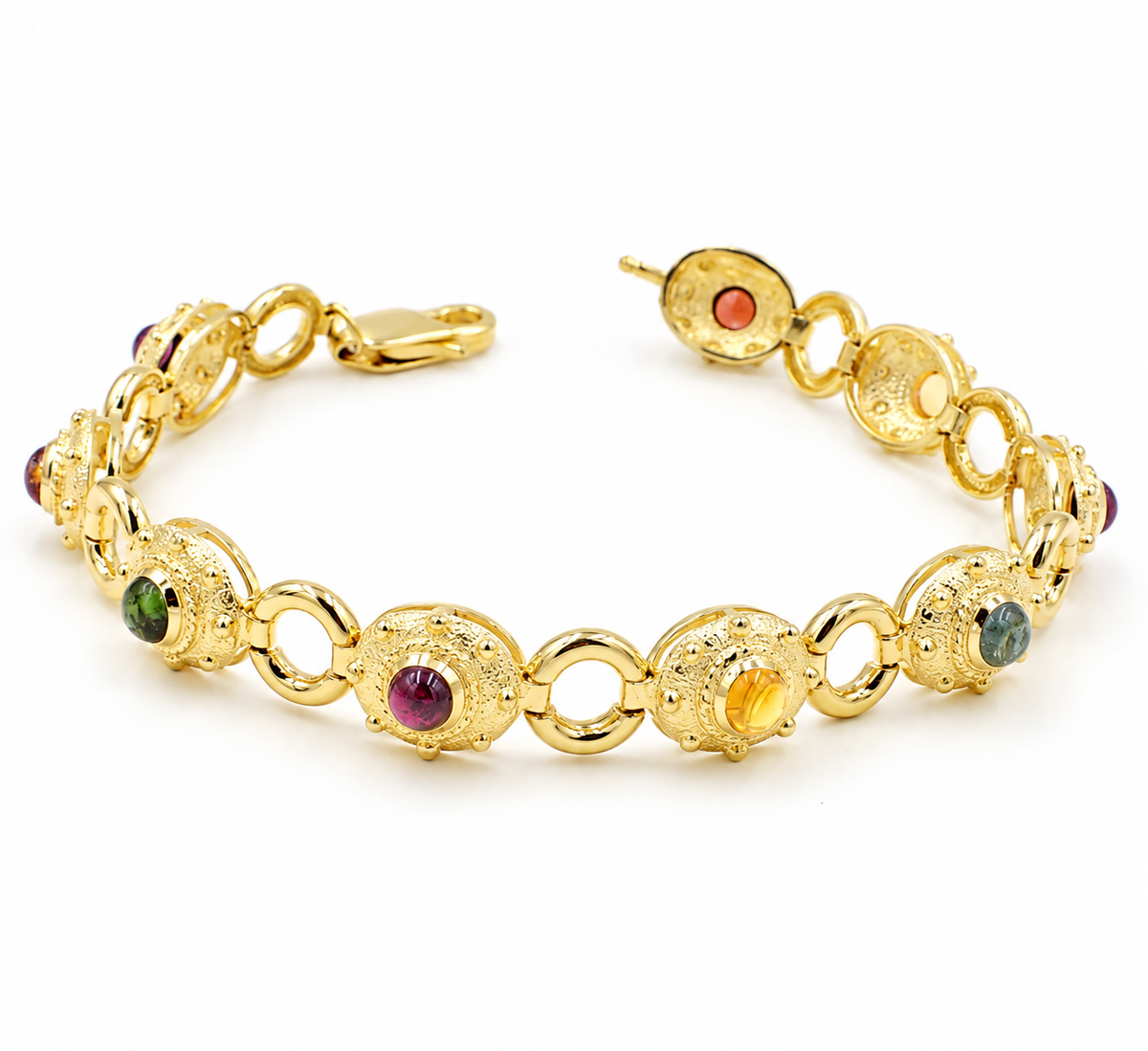 Kent Island Jewelry Estate Yellow Gold Multi Gemstone Decorative Chain Link Bracelet with circular links and vibrant stones.