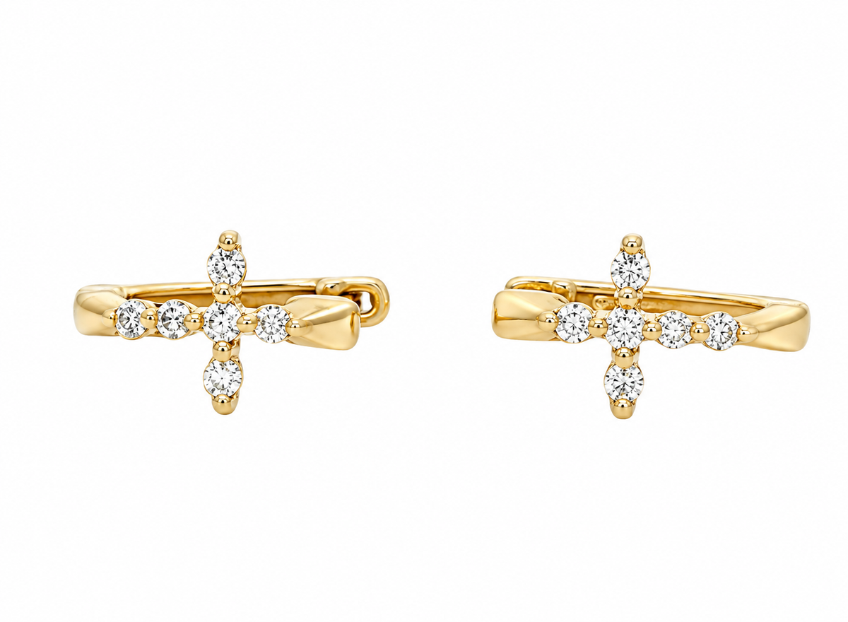 Yellow Gold Diamond Cross Small Hoop Earrings