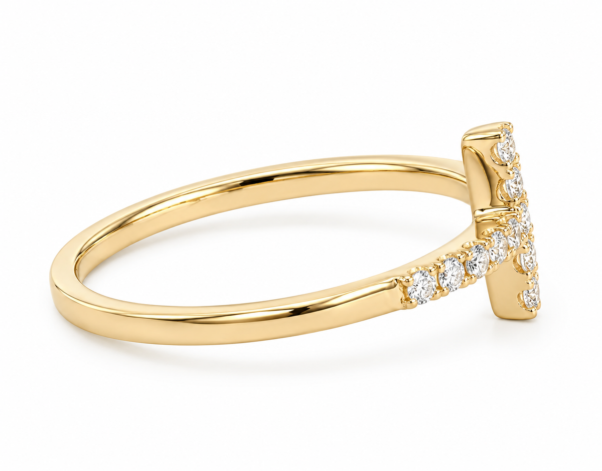 Kent Island Jewelry 14K Yellow Gold Diamond Cross Ring shown against a white background.