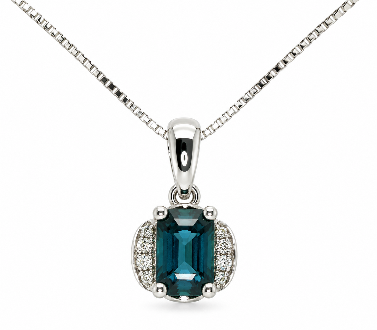 Kent Island Jewelry Estate 14K WG Topaz & Diamond Necklace with emerald-cut topaz and round diamond accents.