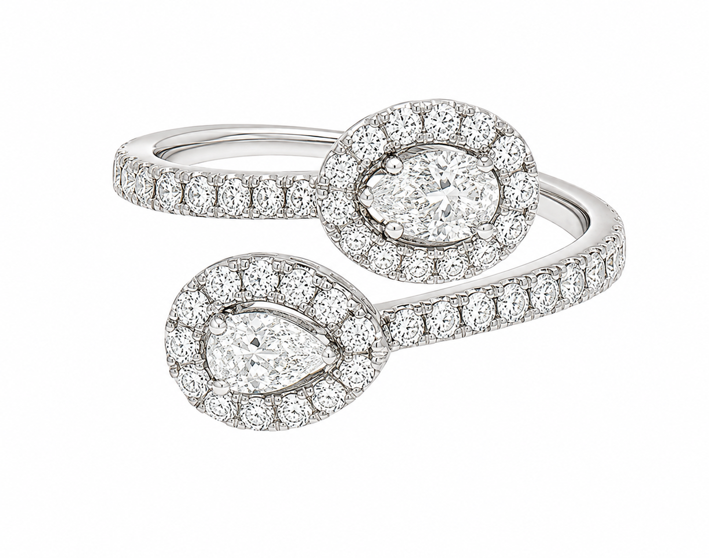 GBC, Inc. 18K White Gold Bypass Diamond Ring with two oval diamond clusters on a diamond-accented band.
