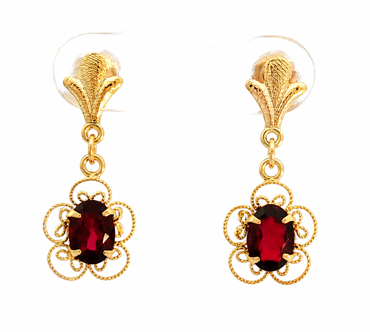 Kent Island Jewelry Estate 14k YG dangle earrings with openwork and deep red garnets.